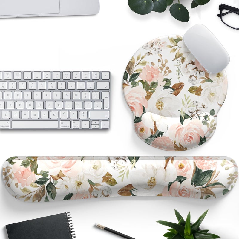 Mechanical Cattle Pink Flower Desktop Mat Aesthetic Wrist Support Keyboard Mouse Wrist Rest Set, Computer Office Comfortable Wrist Rest for Mouse Easy Typing & Pain Relief, Ergonomic Computer Mouse Pad with Pu Base. - Image 1